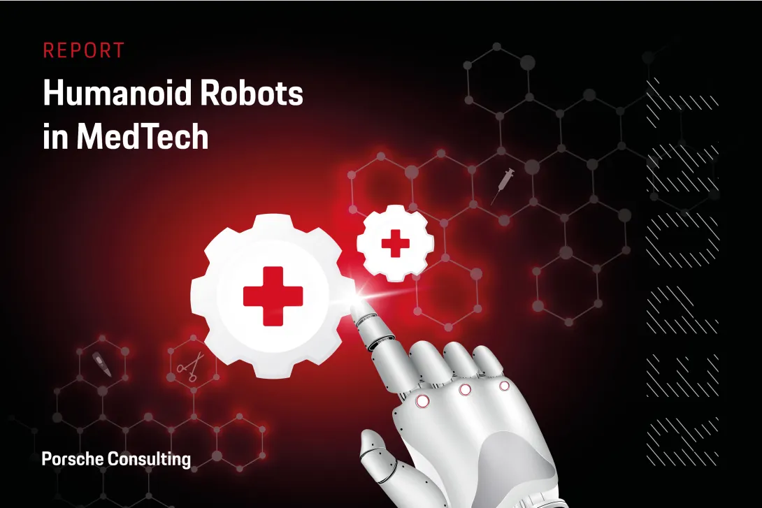 Titelbild eines Reports über humanoide Robotik in der Medizintechnik mit einer Roboterhand, medizinischen Symbolen und einem roten Technologie-Hintergrund.