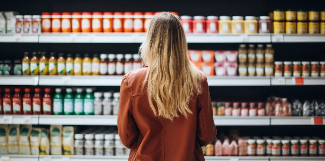 Woman standing in front of grocery shelf in a supermarket