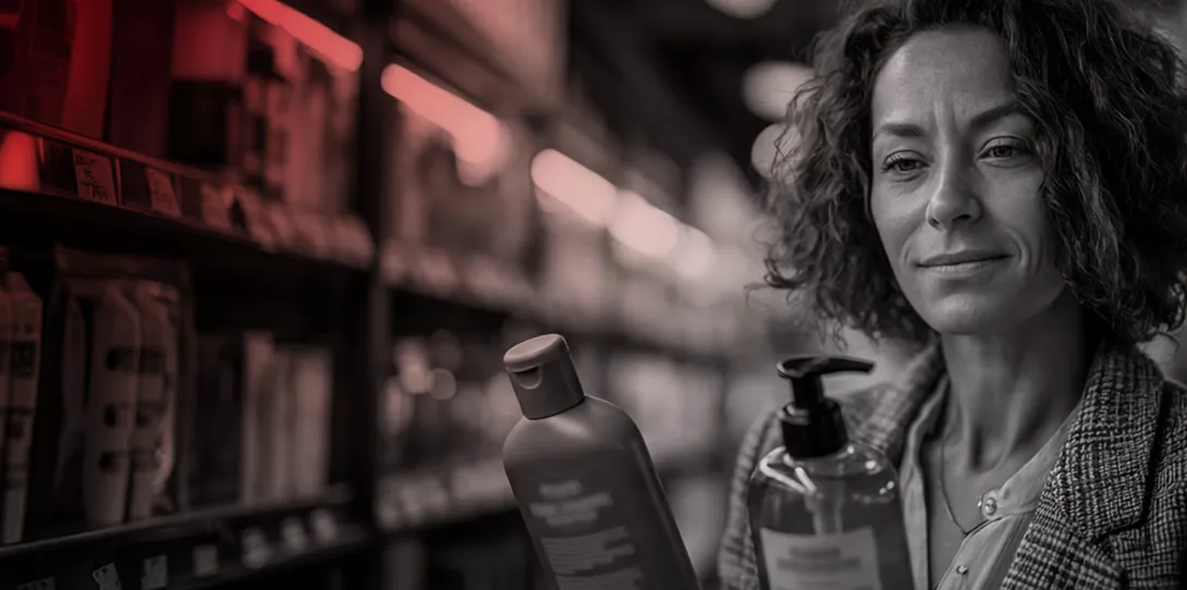 private label woman in supermarket holding products