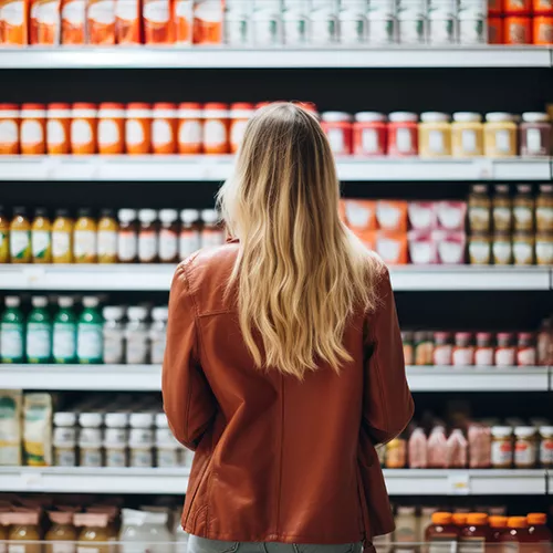 Woman standing in front of grocery shelf in a supermarket